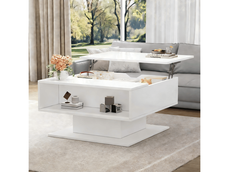  Table basse relevable 80x75x40cm, table de salon blanche avec rangement caché et led, finition brillante  - Conforama E