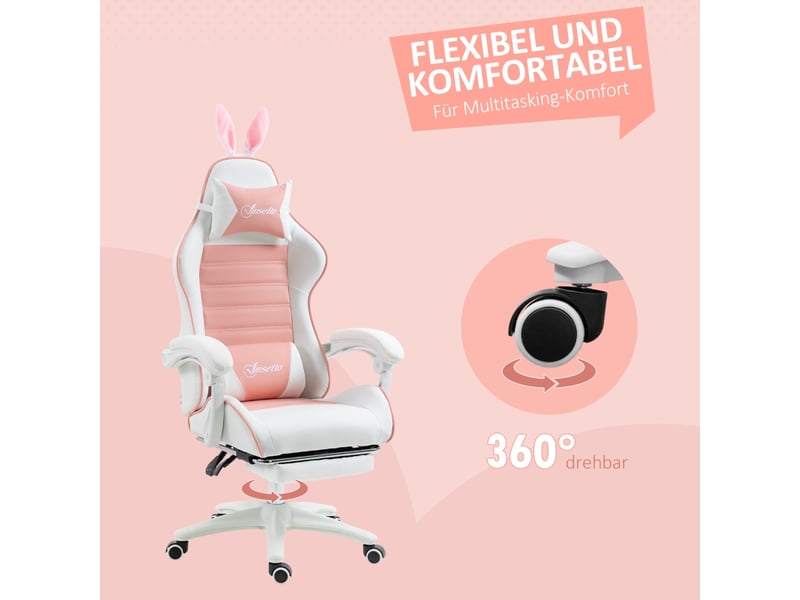  Chaise gamer rose avec oreilles de lapin, chaise ergonomique avec support lombaire et repose-pieds, hauteur réglable, 65x63x142 cm  - Conforama R