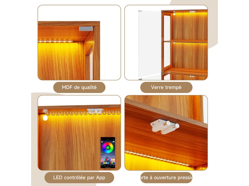 Vitrine pour figurines avec éclairage led multicolore, 80 x 35 x 170 cm, mdf et verre, noyer - Conforama E