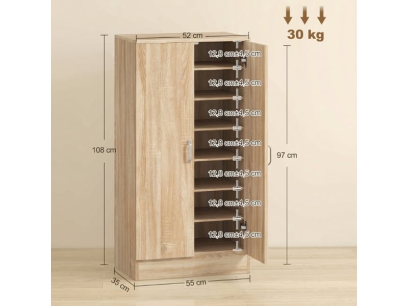  Meuble à chaussures bois naturel 2 portes 6 étagères réglables soft-close pour 14 paires  - Conforama C
