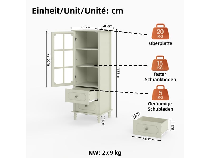  Armoire vitrine modenvie avec porte vitrée et 2 tiroirs 50 x 40 x 133 cm mdf blanc crème  - Conforama C
