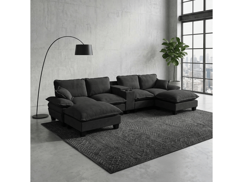 Canapé modulable, canapé de salon, noir, porte-gobelets, usb, style cloud, mobilier pour espace de vie, en chenille - Conforama C