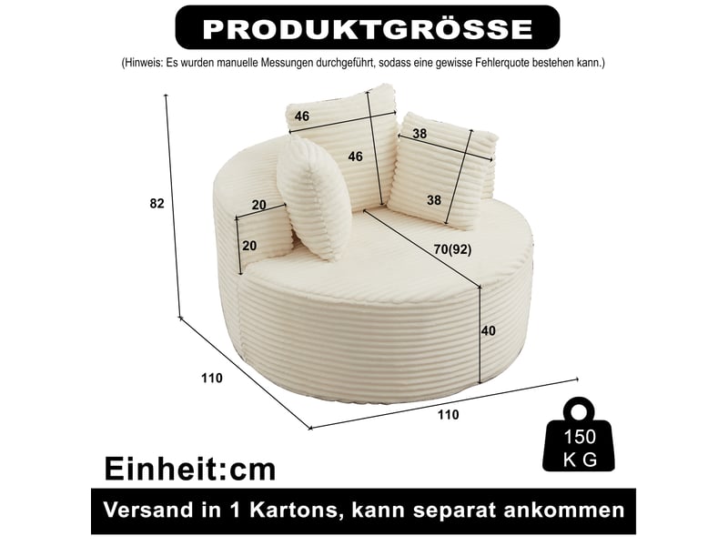  Canapé 1 place rond 110 cm en velours côtelé, fauteuil lounge avec 3 coussins, assise cocooning pour salon et chambre - beige  - Conforama C