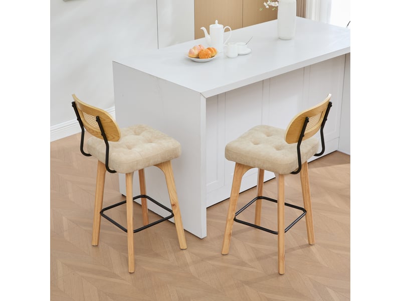  Lot de 2 tabourets de bar pivotants à 360° avec dossier en rotin et repose-pieds, en chenille kaki  - Conforama D