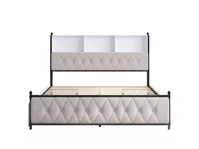 Dreammespace lit coffre rangement 140x200 cm - lit double avec 4 tiroirs & tête de lit étagère led prise usb, velours beige DreamMespace - Conforama A
