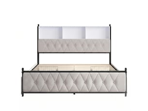Dreammespace lit coffre rangement 140x200 cm - lit double avec 4 tiroirs & tête de lit étagère led prise usb, velours beige