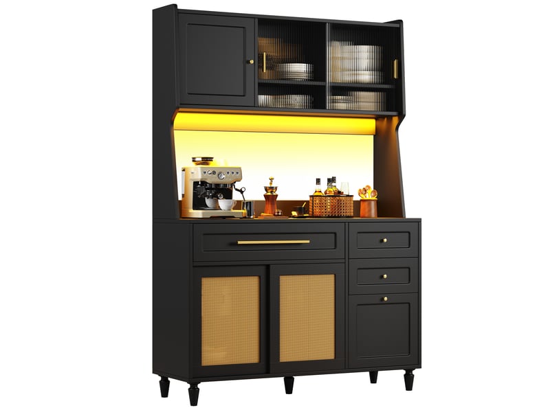  Meuble de cuisine muvano, vaisselier avec porte vitrée, noir, 3 tiroirs et led, largeur 120 cm  - Conforama A