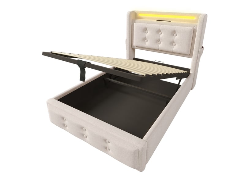 Lit coffre, 90x200 cm, avec led, usb c, rangement hydraulique, coton lin, beige - Conforama A