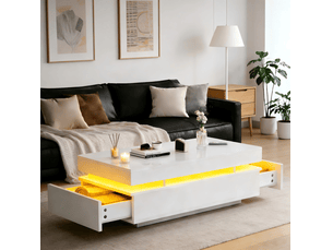 Table basse 100x50x35 cm blanche brillante avec 2 tiroirs et éclairage led