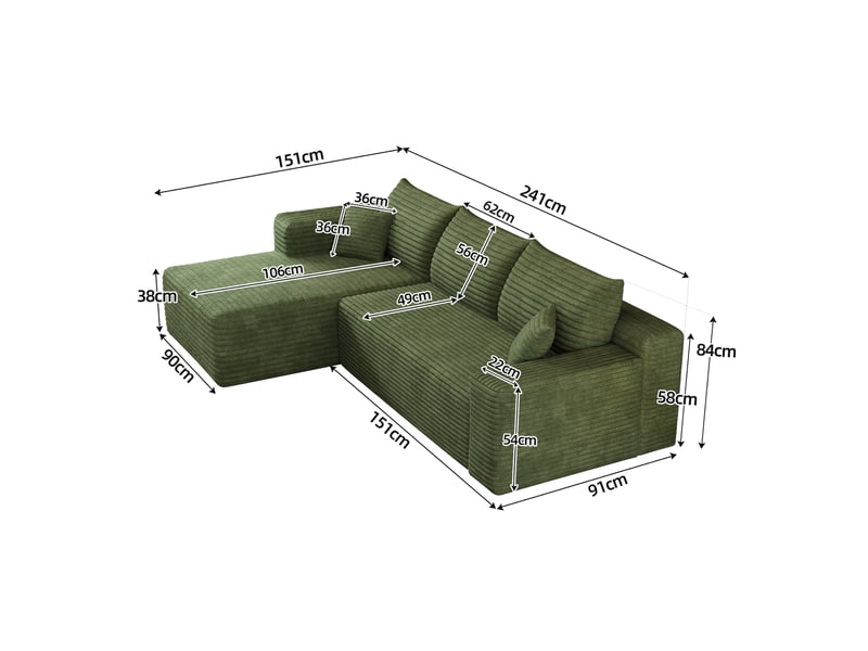  Canapé d'angle en L 241cm,canapé compressé modulable 3 places avec méridienne à gauche,motif nuage,assise profonde,tissu en velours côtelé,vert CARDUME ESTIVAL - Conforama C
