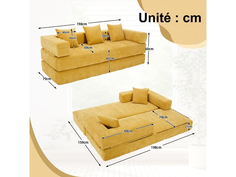 Canapé modulable - sofa bloc convertible en tissu chenille avec poches latérales - confort antidérapant pour salon - jaune moutarde, 198x79x60 cm - Conforama C