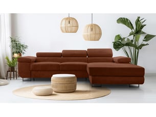 Canapé d'angle droit convertible <strong>AX LIVING </strong> <strong>Arborio</strong> 4 places Velours côtelé rouge avec coffre de rangement