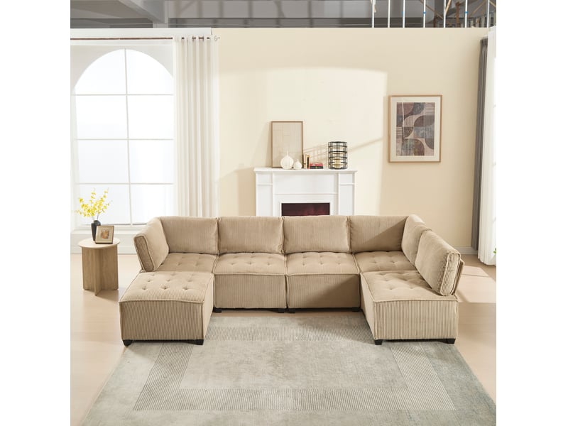 Canapé modulable 6 places en velours côtelé kaki 308x154x82 cm - Conforama B