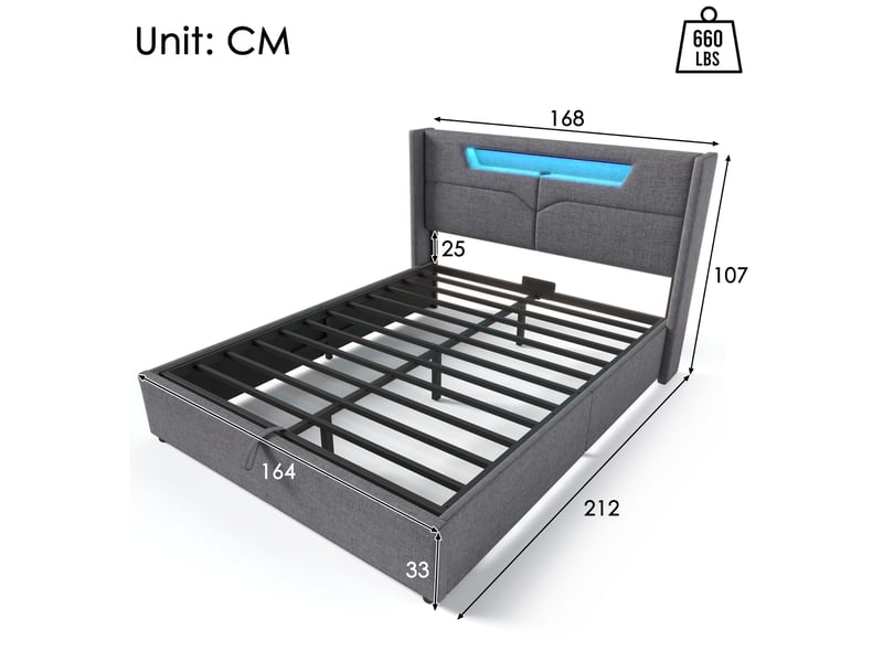  Lit coffre 160x200 gris avec led, usb et type-c cravdom  - Conforama E