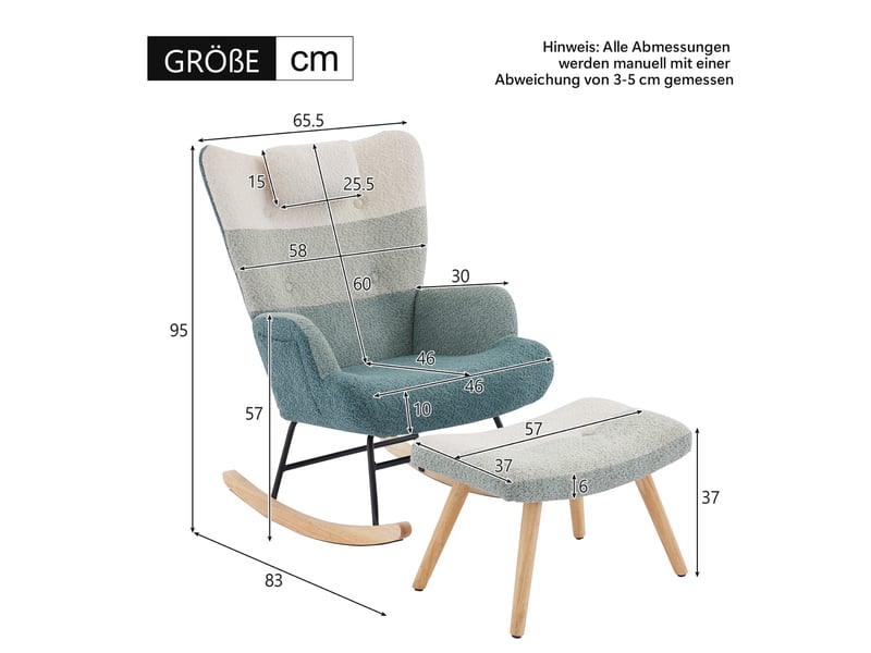  Fauteuil à bascule patchwork multicolore avec repose-pieds, pieds en bois d'hévéa, structure en fer, fauteuil salon et chambre  - Conforama C