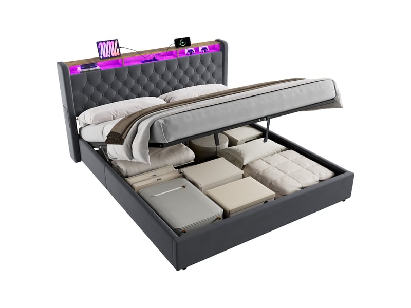  Lit coffre rembourré ulevr 180 x 200 cm avec tête de lit pliable à rangement, velours gris foncé  - Conforama A