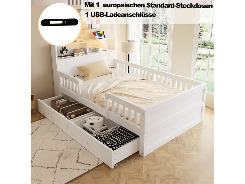  Lit enfant 90 × 190 cm 1 place avec 2 tiroirs, usb, port type c et lampe de lecture, sans matelas, blanc  - Conforama E