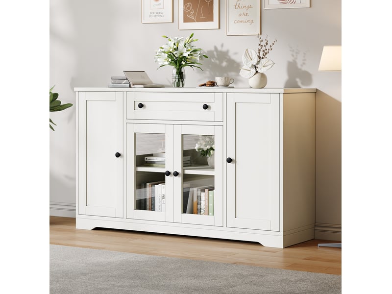 Buffet 138x40x83 cm, 4 portes, 1 tiroir, portes vitrées, mdf et panneau de particules, blanc, design moderne, rangement  - Conforama E