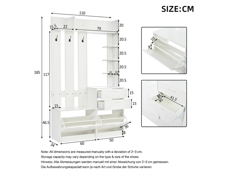  Meuble d'entrée avec miroir, 2 tiroirs, 2 range-chaussures basculants et 3 crochets, blanc, 110 × 34 × 185 cm  - Conforama D