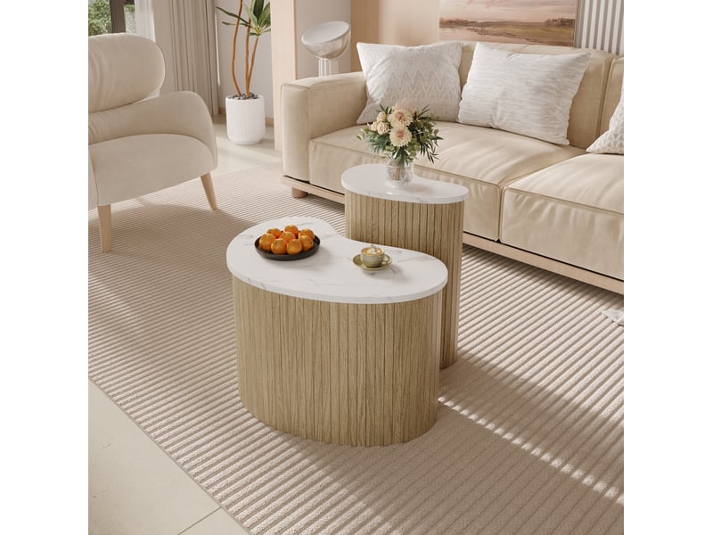  Ensemble de 2 tables basses courbes 60x37x38 et 40x25x50 cm, plateau effet marbre, pour salon, mdf, naturel et blanc  - Conforama D