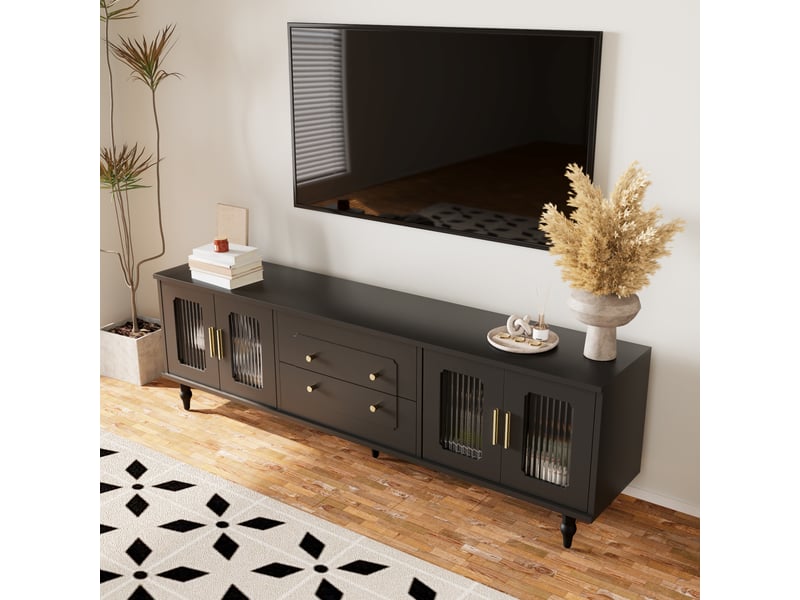  Meuble tv 4 portes vitrées et tiroirs push-to-open pour salon 177×38×55,5 cm panneaux de particules noir  - Conforama C