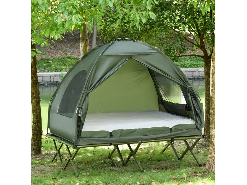  Tente de camping surélevée 2 places 193x145x180 cm – verte – matelas gonflable et pompe inclus  - Conforama B