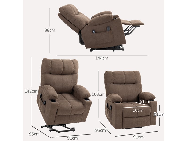 Fauteuil relax électrique releveur avec massage, chaleur et deux porte-gobelets en polyester marron - Conforama C