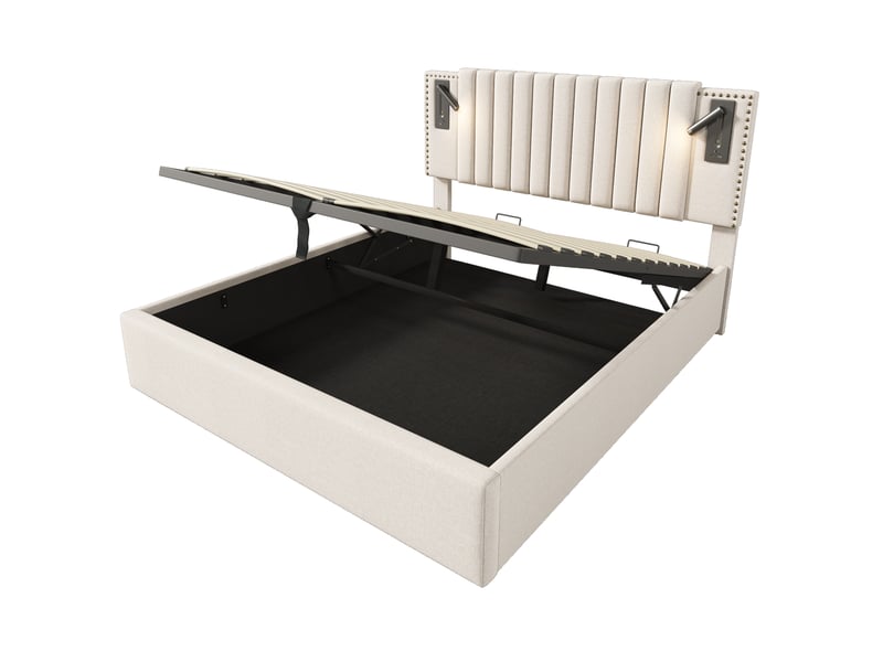 Lit coffre moderne 160x200cm, tête de lit réglable, rangement, lampe de lecture, port usb, coton beige, matelas inclus - Conforama A