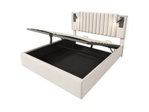 Lit coffre moderne 160x200cm, tête de lit réglable, rangement, lampe de lecture, port usb, coton beige, matelas inclus