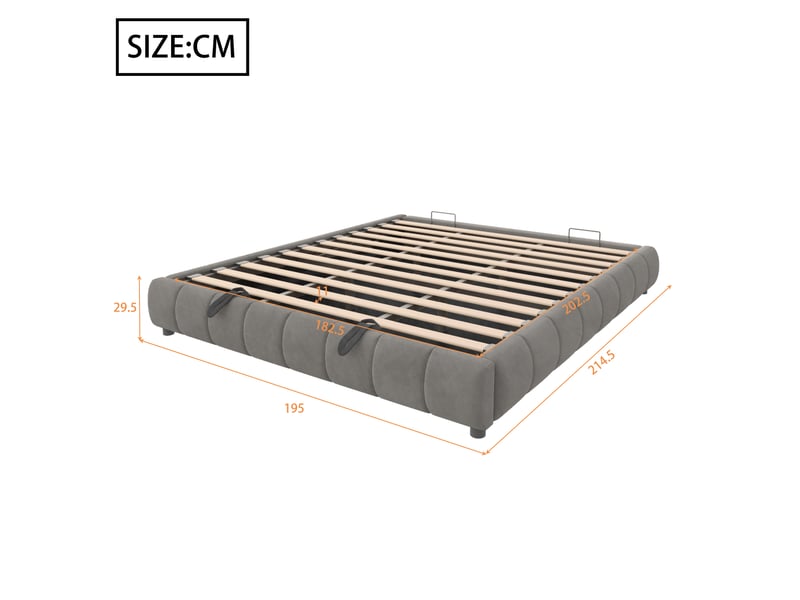  Lit double 180x200 cm, rangement hydraulique sous le sommier, cadre flottant avec led blanche intégrée, sans tête de lit, velours, gris  - Conforama D