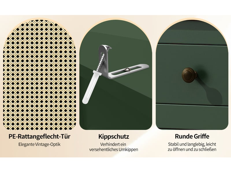  Buffet haut vert antique en mdf, façades en rotin pe, étagères réglables, système anti-basculement, pour cuisine et séjour  - Conforama C