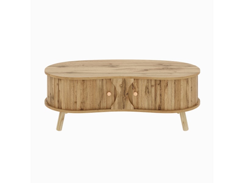  Table basse de salon naturel effet bois avec 2 portes coulissantes et rangement design organique 108x50x37 cm  - Conforama A