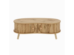 Table basse de salon naturel effet bois avec 2 portes coulissantes et rangement design organique 108x50x37 cm