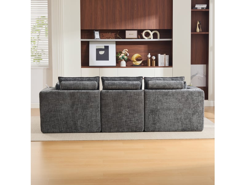  Canapé modulable modenvie 3 places avec pouf, coussins, porte-gobelets et poches latérales, mousse et ressorts intégrés, chenille gris foncé  - Conforama E