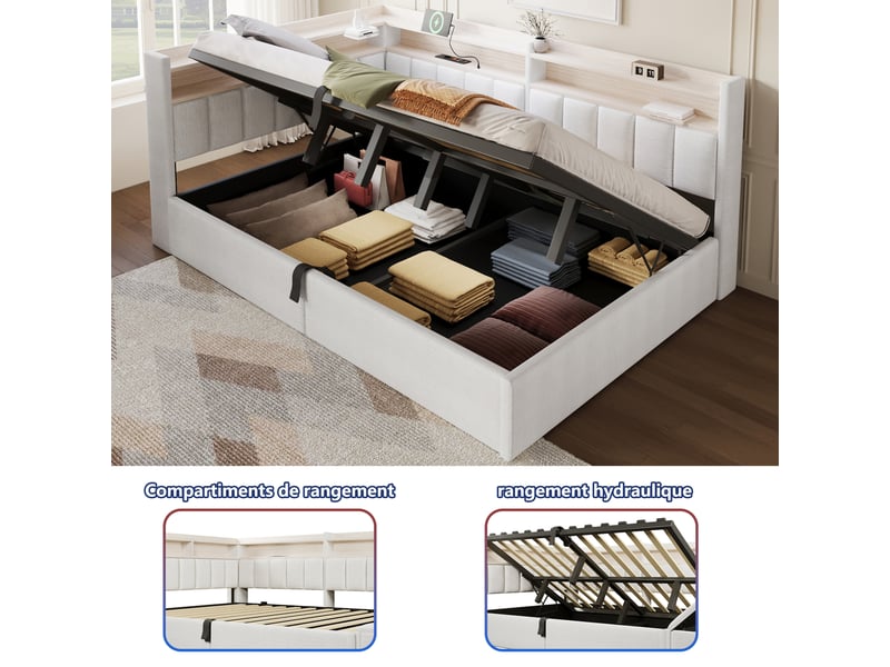  Lit coffre 140 x 200 cm avec rangement hydraulique, led et usb-atype-c, lit rembourré en velours blanc cassé avec rangements latéraux réversibles  - Conforama E