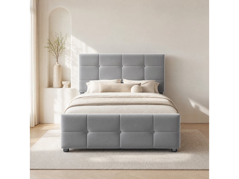  Lit coffre enfant 200×90 cm avec rangement hydraulique et tête de lit réglable, sans matelas, en velours gris  - Conforama B