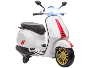 Moto vespa électrique pour enfants sous licence, avec stabilisateurs, phare et musique, en polypropylène et métal, 107 x 47 x 73 cm, blanche