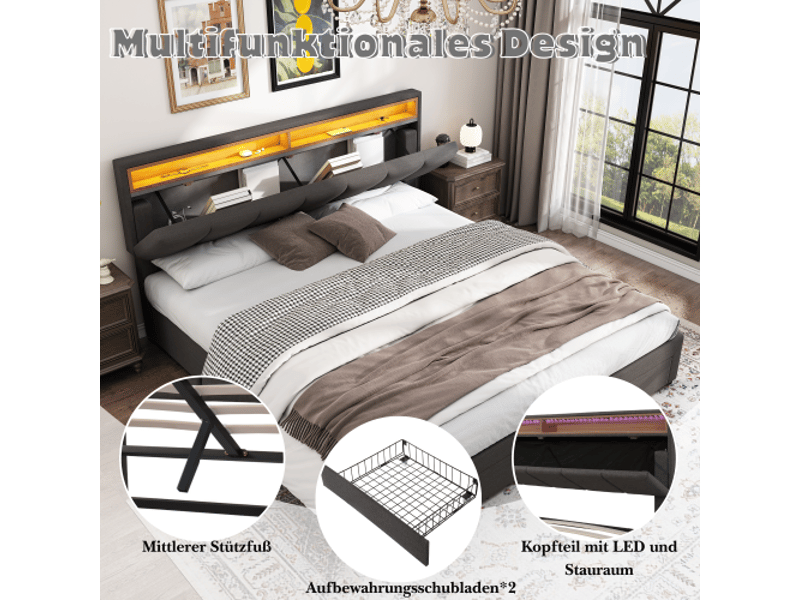  Lit coffre 160x200 cm gris avec led, tête escamotable, tiroirs, cadre acier et lin  - Conforama E