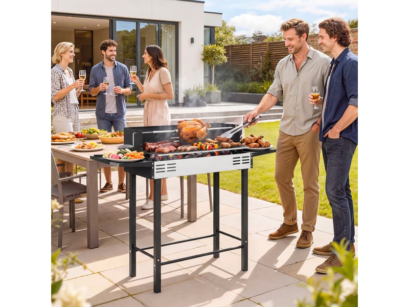  Barbecue au charbon avec tournebroche, grille réglable, 118 x 32 x 90 cm  - Conforama C