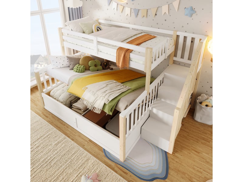  Lit superposé enfant 90×200 cm et 140×200 cm, coffre hydraulique et escalier  - sans matelas, blanc naturel  - Conforama C