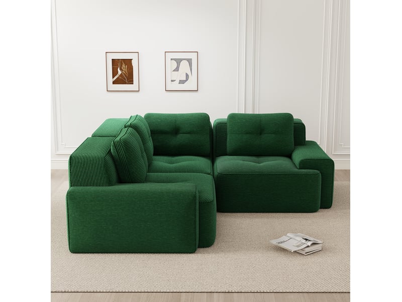  Canapé d'angle modulable 3 places en velours côtelé vert - 206 x 206 x 69 cm  - Conforama D