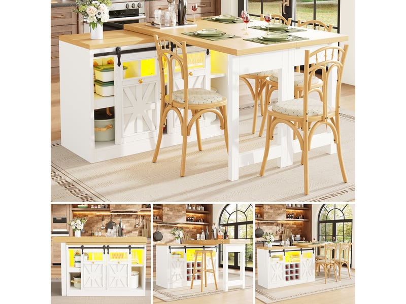  Îlot de cuisine extensible 120–197x40x72 cm avec plateau pivotante 360°, casier à bouteilles, rgb led et portes vitrées, blanc  - Conforama B