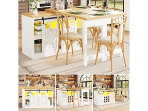 Îlot de cuisine extensible 120–197x40x72 cm avec plateau pivotante 360°, casier à bouteilles, rgb led et portes vitrées, blanc