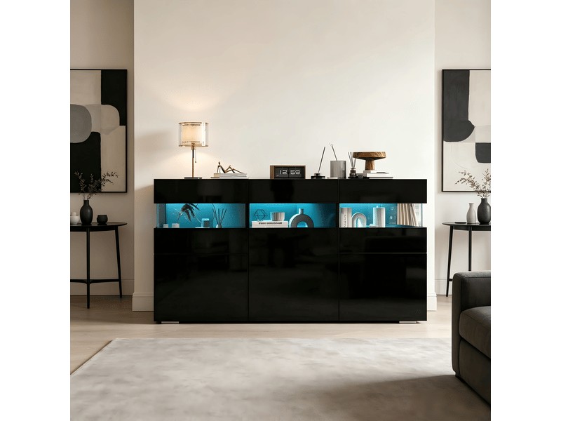 Buffet noir 140x40,5x66,5 cm avec 3 portes, led et façade acrylique transparente - Conforama B