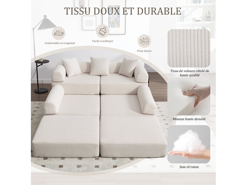  Canapé d'angle 4 places moderne 270x180x64 cm, modulable à volonté, poches, rangement, velours côtelé beige  - Conforama W