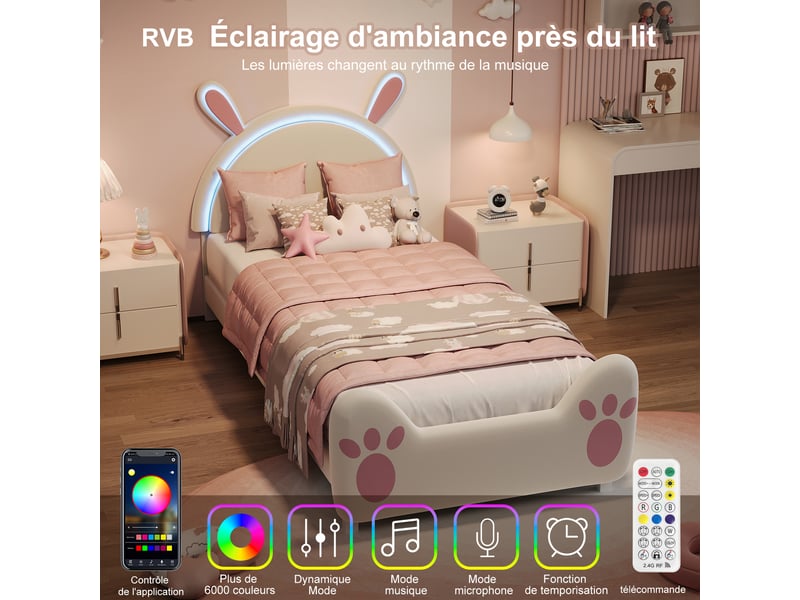  Lit enfant et lit simple 90x200 cm avec led, tête de lit lapin avec oreilles, tissu velours, blanc, sans matelas  - Conforama D