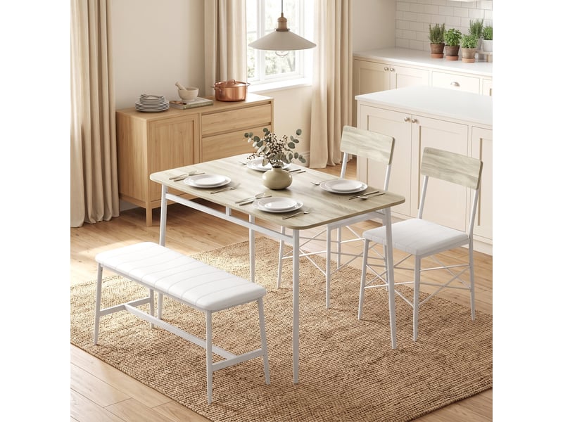  Ensemble table salle à manger avec 2 chaises et banc, assises rembourrées, pour salon, petit espace, chêne et blanc  - Conforama D