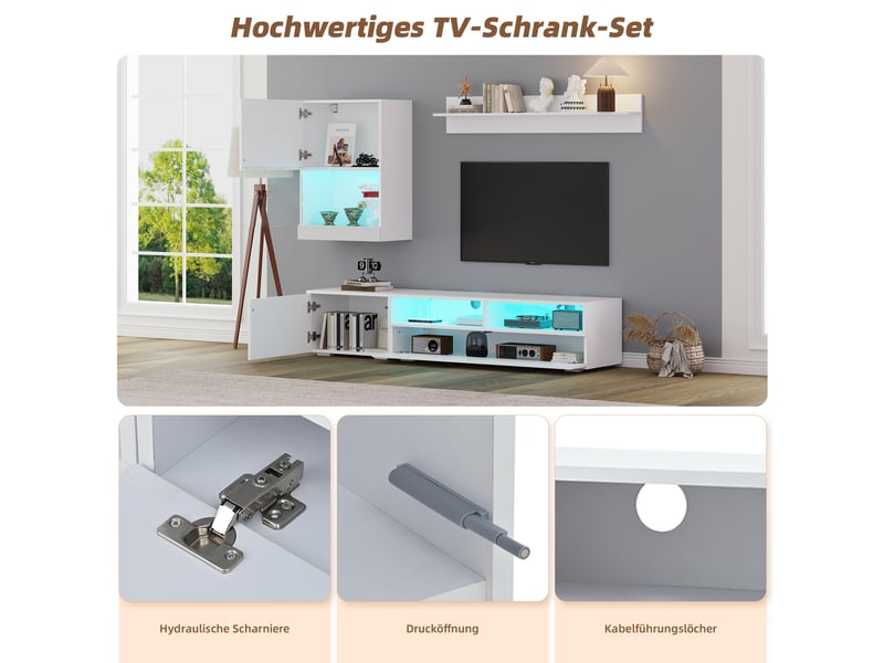  Meuble tv 3 pièces avec 3 portes et 2 niches led pour salon 175×39×34 cm blanc  - Conforama C