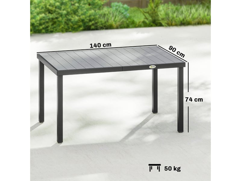 Table de jardin, table à manger extérieure acier, bois-plastique gris 140x90x74cm - Conforama E