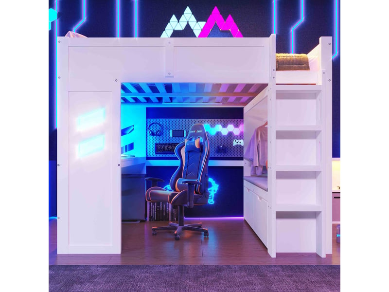  Lit mezzanine 140 x 200 cm, lit enfant surélevé, 2 tiroirs, bureau intégré, éclairage led, connectique usb, échelle, bois massif, blanc Morn Vibe - Conforama B